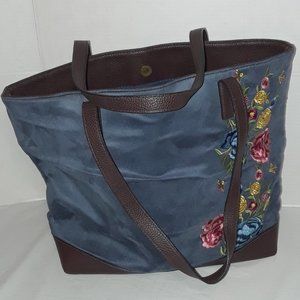 Bueno Tote, Blue Suede Feel, with Floral Embroidery